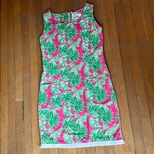 Lilly Pulitzer Vintage Pink Green Short Floral Print Dress White Pleat Detail